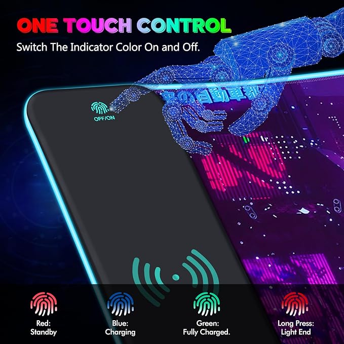 RGB Mouse Pad with 15W Wireless Charging, Purple Anime Neon Extended Large LED Gaming Mouse Pad Non-Slip Rubber Base, 10 Light Modes Desk Pad for Home Office-Warrior Cat