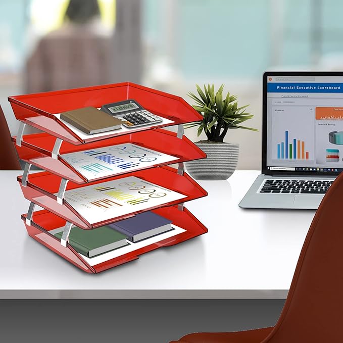 Acrimet Facility 4 Tier Letter Tray, Side Load, Letter Size/A4, Desktop File Organizer, Plastic (Clear Red)