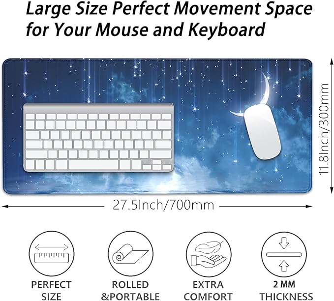 Blue Sky Stars Moon Desk Pad Mouse Pad,Large XL Meteor Showers Mouse Mat with Stitched Edges,Non-Slip Rubber Base Mousepad for Office PC Keyboard Laptop and Home Work Desk Mat(27.5X11.8 in)