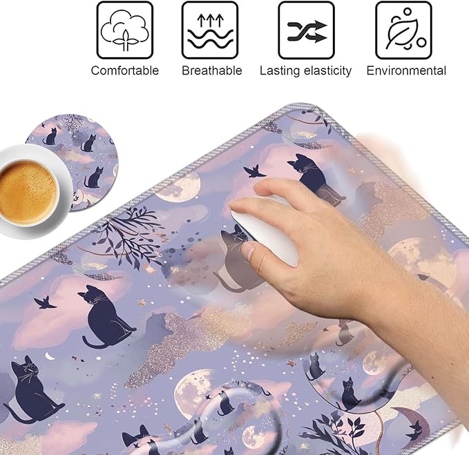 Keyboard Mouse Pad Set,Large Mouse Pad+Keyboard Wrist Rest+Wrist Support+Coaster,31.5x11.8in Extended Desk Mat for Computer Laptop Office Home - Cute Cat and Moon