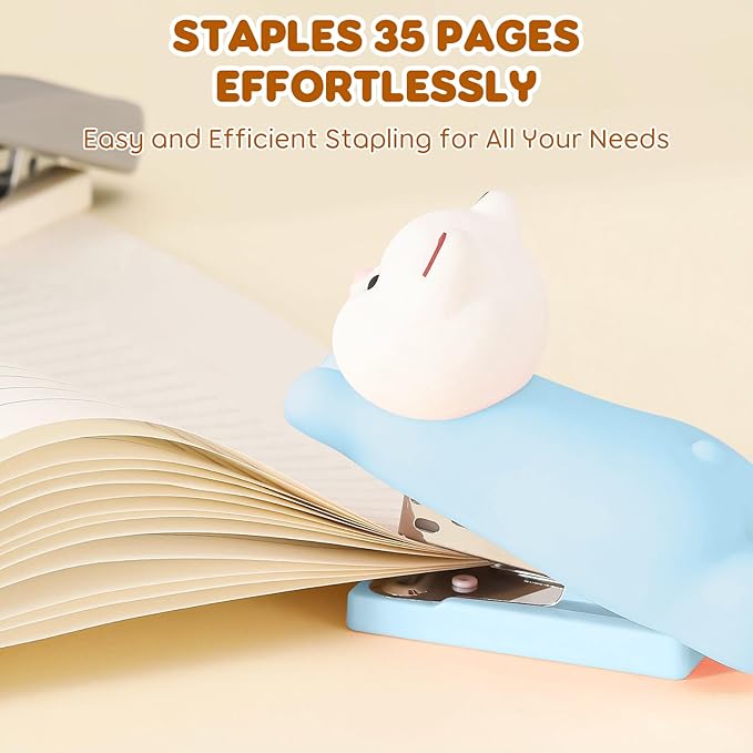 Honagu Mini Cute Animal Stapler with Staples, Cartoon Stereoscopic Silicone (PVC) Stapler, Labor-Saving Office Supplies for Students Kids (Milky White Bear)