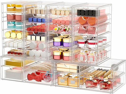 Makeup Organizer Storage With 30 Drawers, 6 Pack Desktop Office Supplies, Desk Organizers, Clear Desk Accessories, Dustproof Drawer Organizer and Storage for Make Up, Jewelry, Pen etc