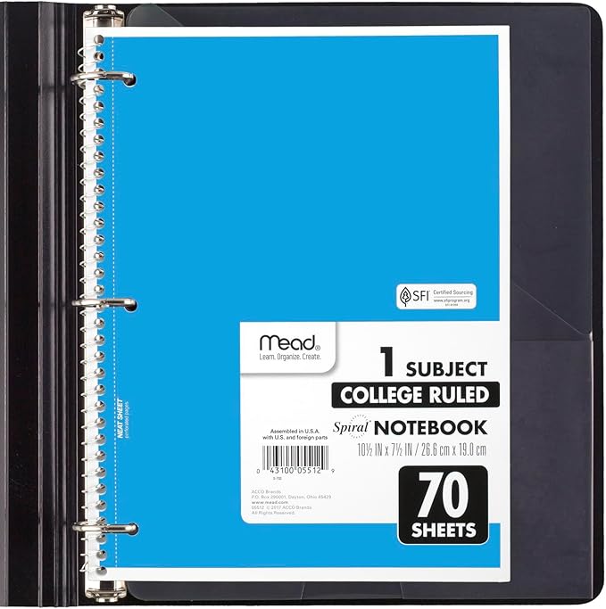 Mead Spiral Notebook, 6 Pack, 1 Subject, College Ruled Paper, 7-1/2" x 10-1/2", 70 Sheets per Notebook, Assorted Bright Colors (830050-ECM)