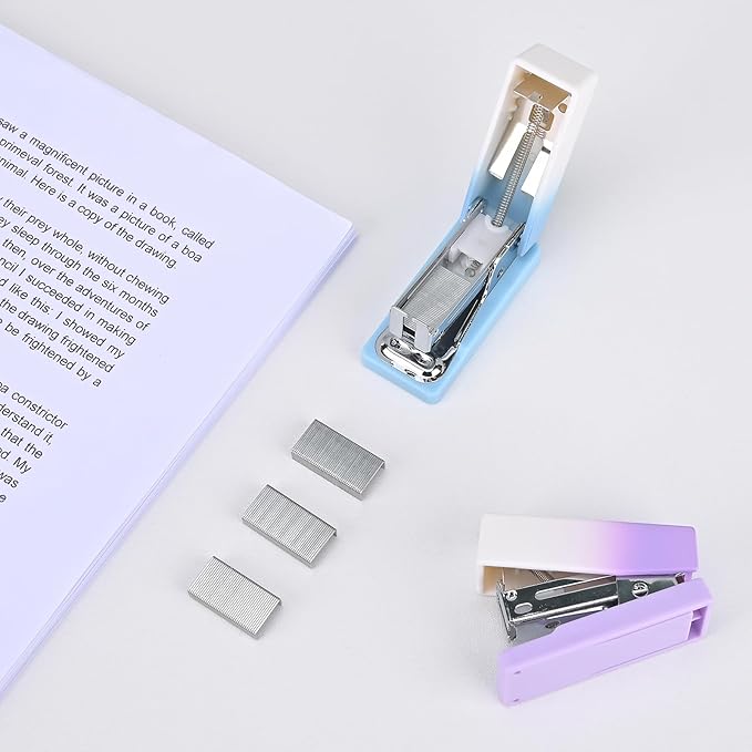 Temiary 2 Pcs Mini Desktop Stapler with Staples Standard, Small Cute Stapler for Desk, 12 Sheets Capacity, Gradient Staplers for Student or Office Use (Blue & Purple)