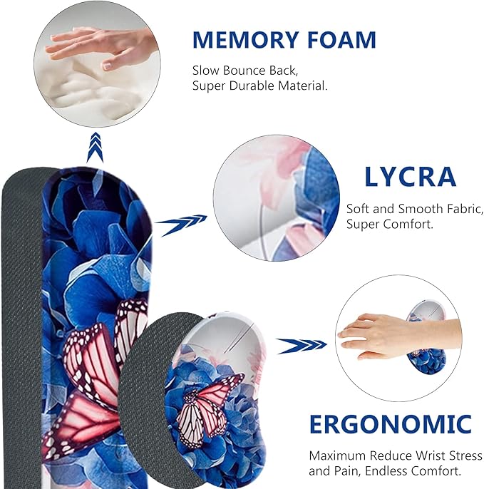 AIMSA Large Gaming Mouse Pad Set, Keyboard Wrist Rest Support Mouse Pad, Ergonomic Memory Foam Multifunctional Extended Desk Mat 35x15.7in Anti-Slip Rubber Base for Office Home, Butterfly Flower