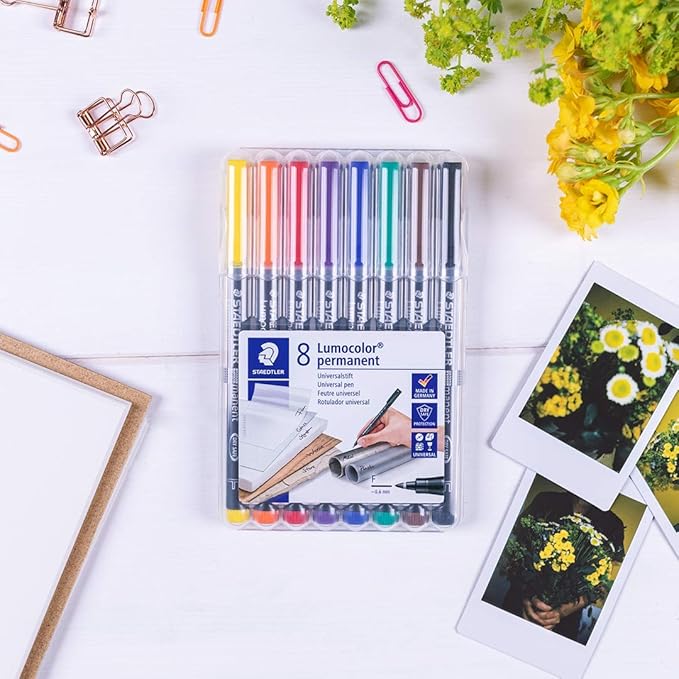STAEDTLER Lumocolor Universal Pen, Fine, Felt Tip, Permanent Marker, Box of 8 Assorted Color Pens, 0.6mm 318 WP8, Multicolour, pack of 8 (318 WP8 ST)