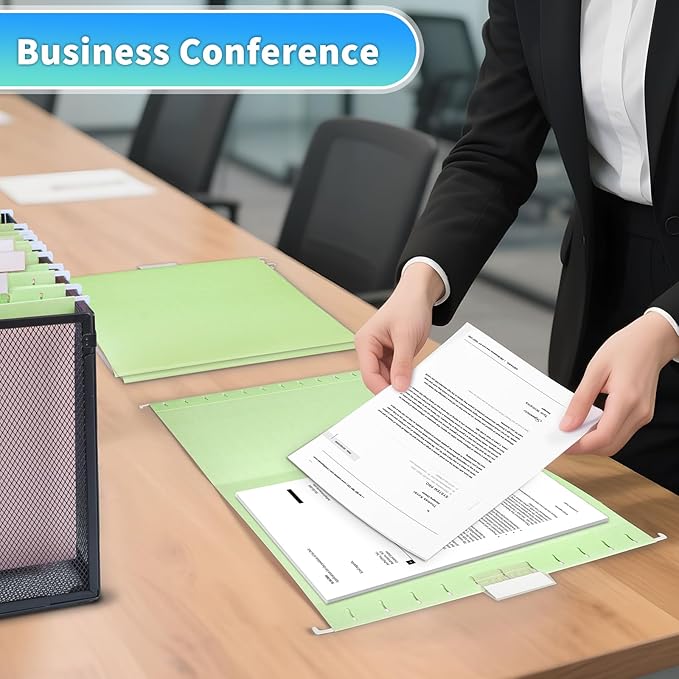 25-Pack Green Hanging File Folders, Letter Size (8.5" x 11") with 1/5-Cut Tabs,Includes 35 Transparent Label Cards & 50 Sticker Labels for Home & Office Organization