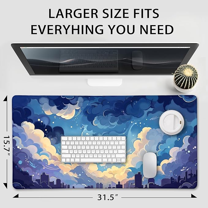 Blue Nebula Aesthetic Large Gaming Mouse Pad 31.5"x15.7"｜XXL Desk Mat, Non-Slip Rubber Base & Stitched Edges - Extended Waterproof Mousepad for PC/Laptop/Office/Home Decor
