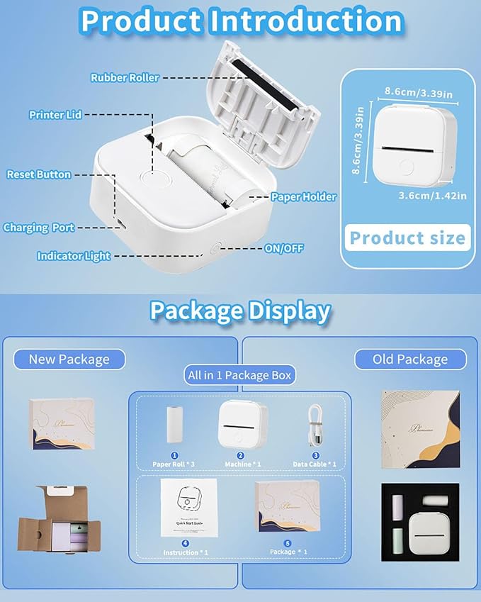 Memoking Sticker Printer - Mini Printer T02 Thermarote Mini Inkless Label Makers Thermal Sticker Maker Machine for Children Students, Compatible with Phone & Tablet, White