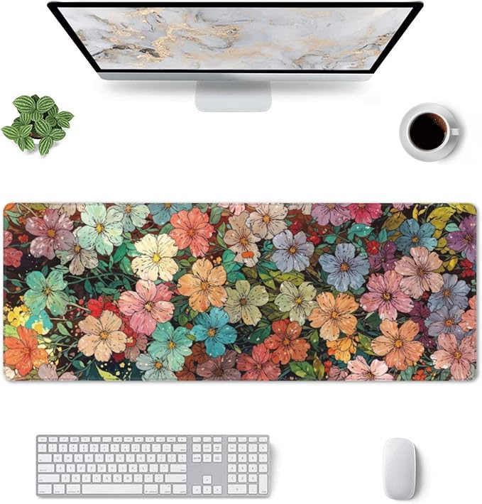Colorful Flowers Large Mouse Pad, Watercolor Floral Gaming Desk Mat, XL Keyboard Desk Pad Mat for Desktop, 31.5"x11.8" Non-Slip Base Big Mousepad with Stitched Edges