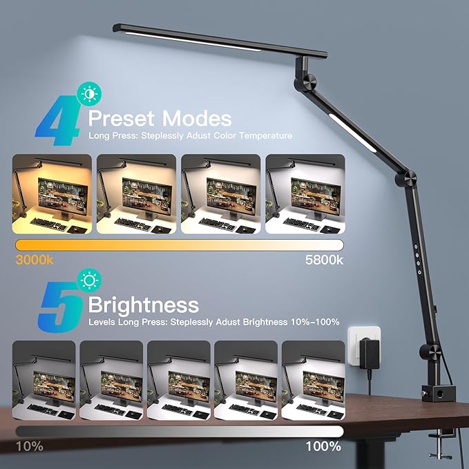 VERSKI LED Desk Lamp, Desk Light for Home Office, Dual Light Source 18W Brightest, Eye-Caring Optical Lens, Office Lamp, 5 Color Modes & Brightness, Aluminum Alloy Drafting Light, Clamp Lamp