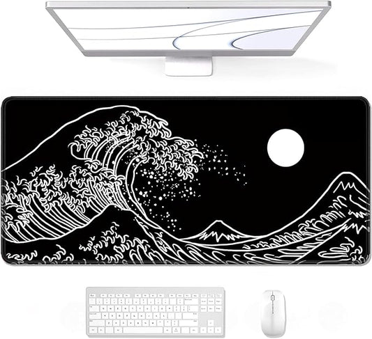 Auhoahsil Large Mouse Pad, XXL Gaming Mousepad, Desk Mat for Desktop, Thick Rubber, Big & Long Size, Stitched Edges, Full Desk Pad for Laptop & Computer, Extended 35.4 x 15.7 in, Black Great Wave