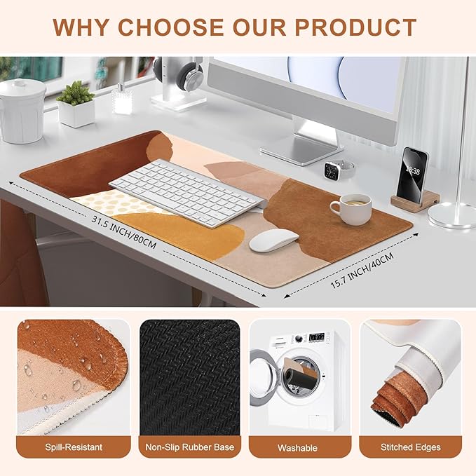 HAOCOO Mouse Pad, Computer Desk Mat, Large Mouse Pad for Desk, XXL Gaming Boho Mousepad Cute for Desktop with Non-Slip Base, Waterproof Laptop Keyboard Mat for Office Home,Boho Brown Tan