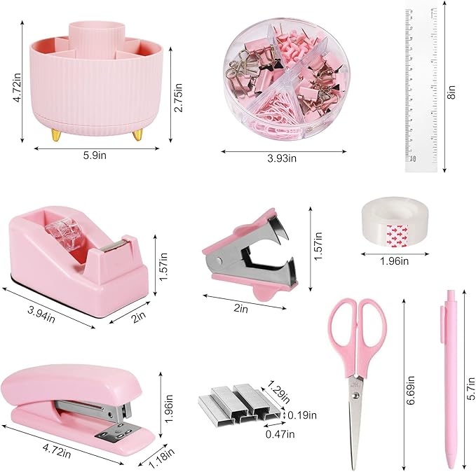 Pink Desk Organizers and Accessories 10Pcs Set with 360-Degree Rotating Pen Holder, Tape Dispenser, Stapler, Staple Remover, 1000 Staples, Tape, Clips Set, Ruler, Scissor, Pen (Pink)