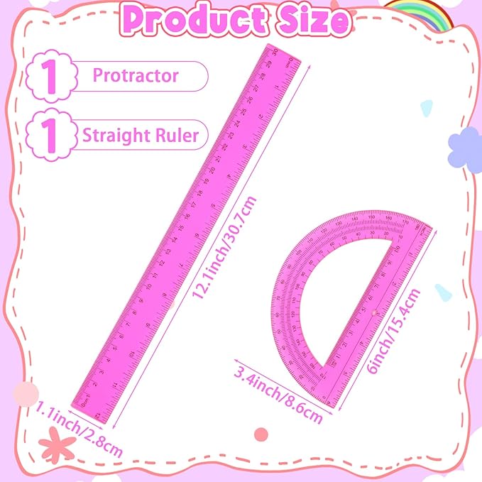 2 Pack Pink Plastic Ruler and Protractor Set 12 Inch and 6 Inch Plastic Protractor Set Clear Math Drafting Geometry Sets Transparent Ruler Sets for Home Office Drawing Architect Engineer