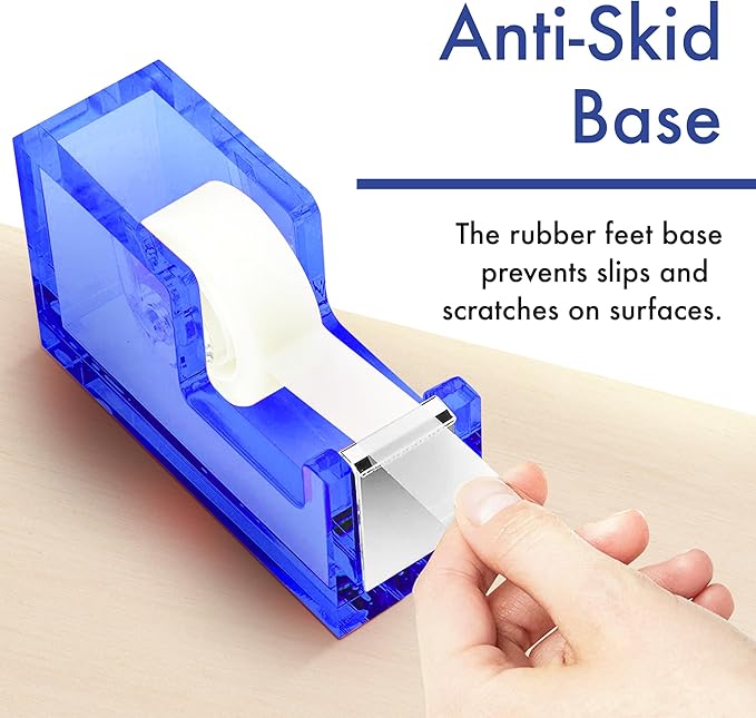 OfficeGoods Acrylic Tape Dispenser – Modern Desk Organizer for Office Supplies – Heavy Duty Refillable Tape Holder for Home and School Crafting – Stylish Desktop Accessory for Gift Wrapping, Blue