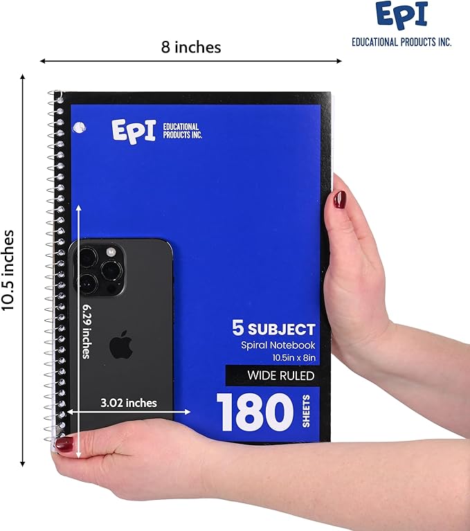 EPI Spiral Notebook | 5 Subject - Wide Ruled - 180 Sheets, Durable Spiral Binding | 10.5 x 8 in | Classroom Supplies | School, Office, Note Taking, Journaling - 24 Pack