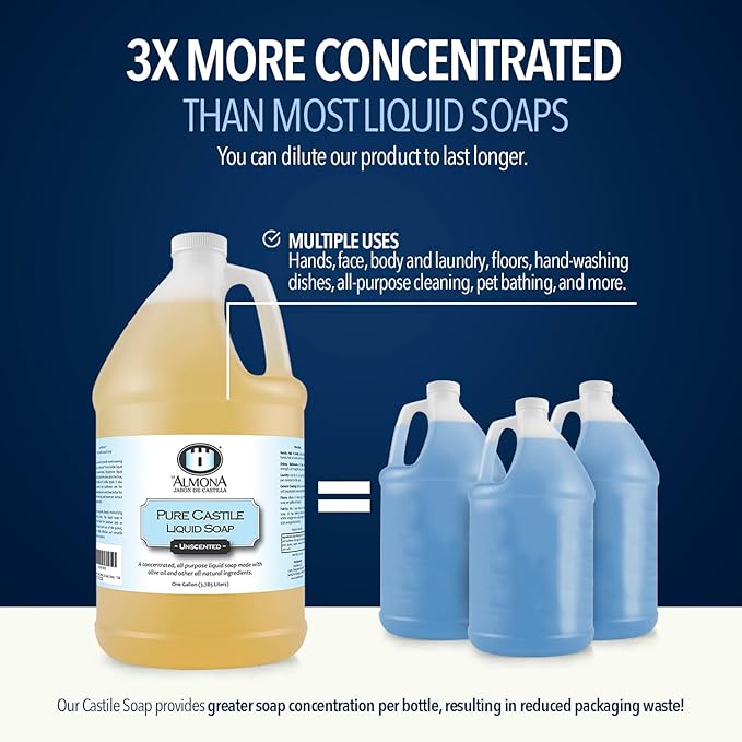 Pure Castile Liquid Soap, PEPPERMINT, 1 Gallon - Multipurpose: Hands, Face, Body, Laundry, Dishes & More - For Sensitive Skin, Natural Ingredients, Scented with Essential Oils