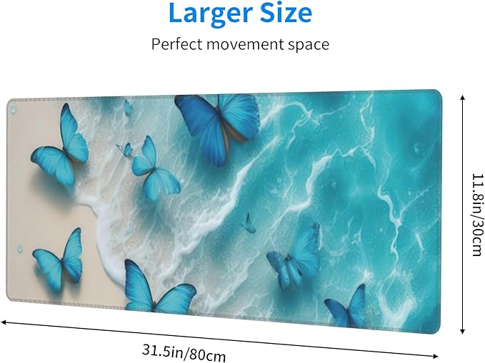 Blue Butterflies Beach Large Mouse Pad, Blue Gaming Desk Mat, XL Keyboard Desk Pad Mat for Desktop, 31.5"x11.8" Non-Slip Base Big Mousepad with Stitched Edges