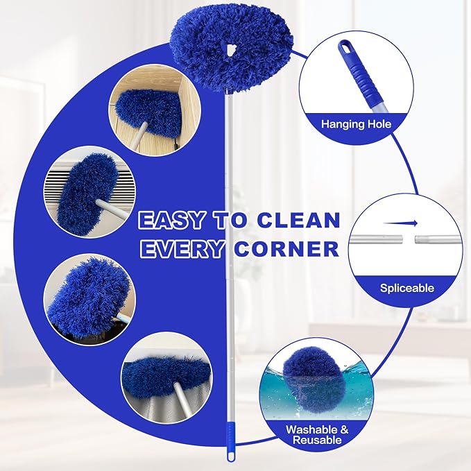 Heonay Ceiling Fan Cleaner Duster Reusable Microfiber Ceiling Fan Blade Cleaner Removable Duster with Extension Pole Adjusts 13 to 49.7 Inch for Cleaning Walls Furniture Door Window Top (Dark Blue)