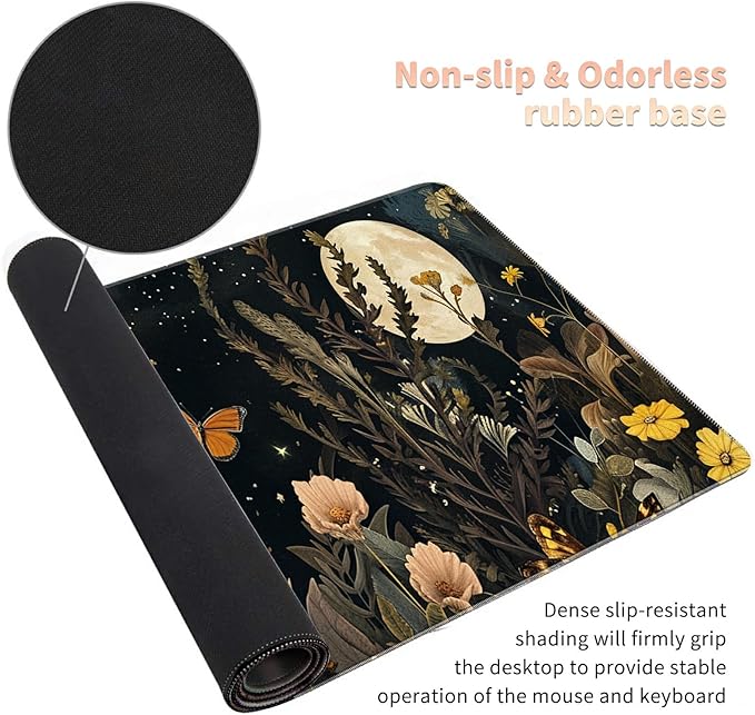 Desk Mat Large Gaming Mouse Pad (31.5x11.8 inch) with Stitched Edges, XL Mouse Pad +Coaster, Extended Mouse Mat Keybroad Mousepad Non-Slip Rubber for Gamer Men Women, Autumn Mushrooms Moon