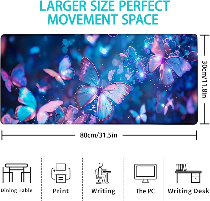 Gaming Mouse Pad, Butterfly Mouse Pad, Desk Mat, Non-Slip Rubber Base MousePads for Computers Laptop Office School Home Accessories Decor 31.5" x 11.8"
