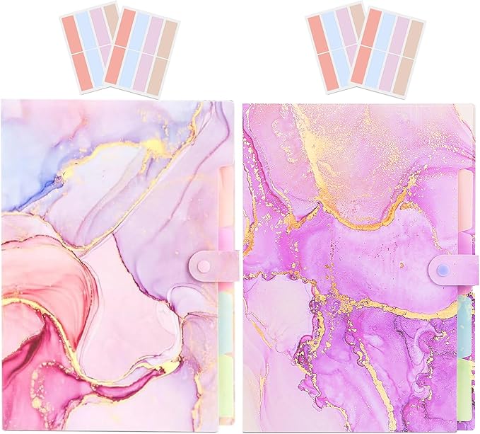 Expanding File Folder,Folders for Important Documents Organizer,Accordion File Organizer,Aesthetic Folders for School Students,5 Pockets File Folder for Home Bills,Pack of 2(Pink+Purple)