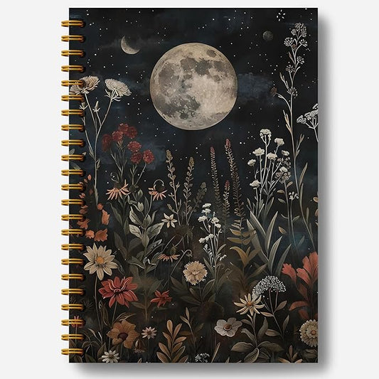 Moody Floral Moon Witchy Notebook, Dark Academia Cottagecore Flower Journal, Mystical Celestial Wildflower Botanical Journal, Vintage Witchy Hardcover Spiral Notebooks 5.5x8.3 Inch