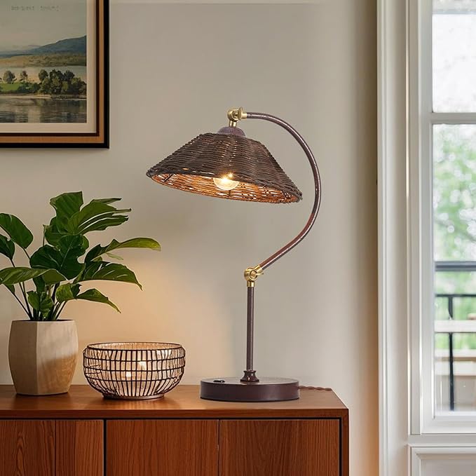 Woven Rattan Bedside Table Lamp for Bedroom, Boho Plug in Handmade Rattan Shade & Anti-Rust Iron Base Desk Lamp, Plug & Play Vintage Dark Brown Nightstand Lamp for Living Room, Office 【Bulb Included】