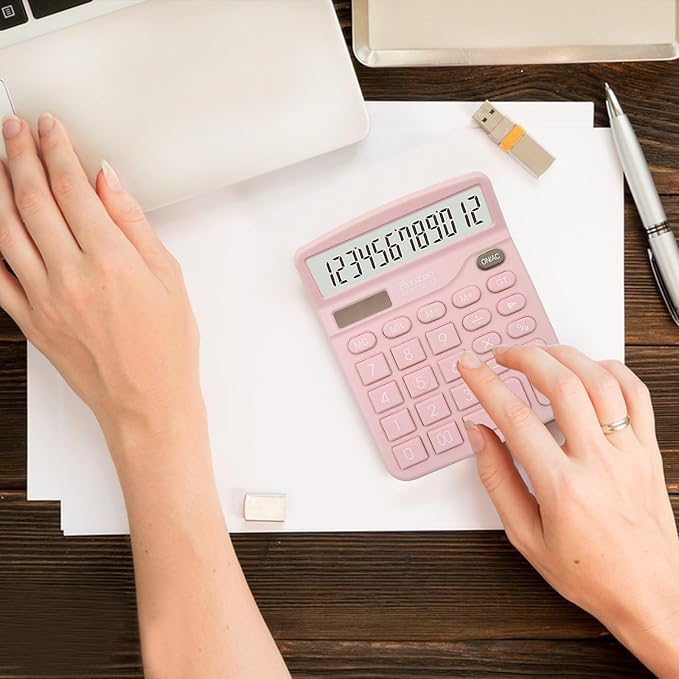 Basic Office Desktop Calculator - 12 Digit Large LCD Display, Sensitive Buttons for Pink Office Supplies and School Supplies