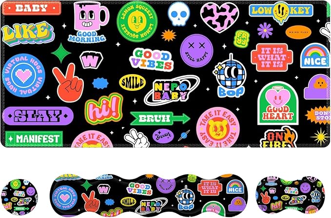 Gaming Mouse Pad Keyboard Wrist Support, 4 in1 Mousepad with Wrist Keyboard Rest, Computer Desk Mat, Non-Slip Desk Pad Protector with Memory Foam Easy Typing Pain Relief I Cute Funny Style