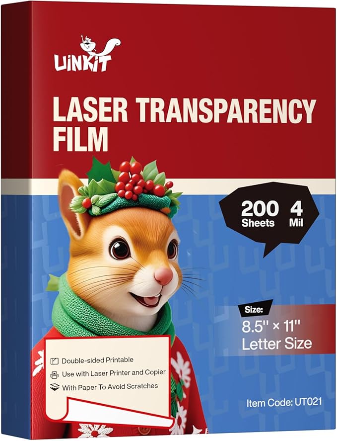 Uinkit 100 Sheets Laser Transparency Film 8.5x11 Color Transparent Paper OHP Clear Overhead Projector Film 8.5x11" for Laser Jet Printer Copier Copy Copies Photo Transparent Film A4 Letter Size (200)