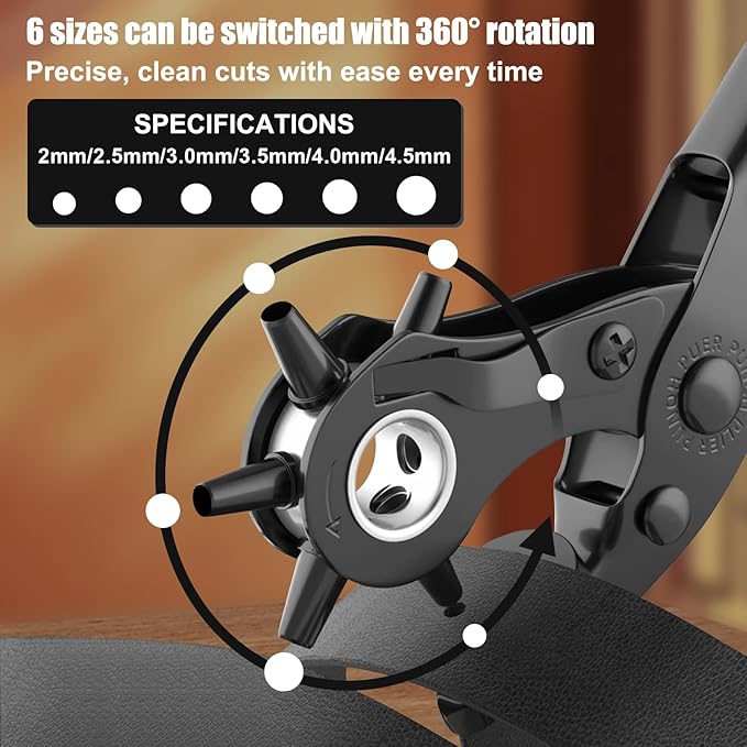 Diyife® Leather Hole Punch, Heavy Duty Belt Hole Punch, Revolving Punch Plier Kit with Extra Grinding Needle, Punch Plates, Ruler and 6 Marked Hole Sizes for Watch Band, Crafting, Fabric - Black