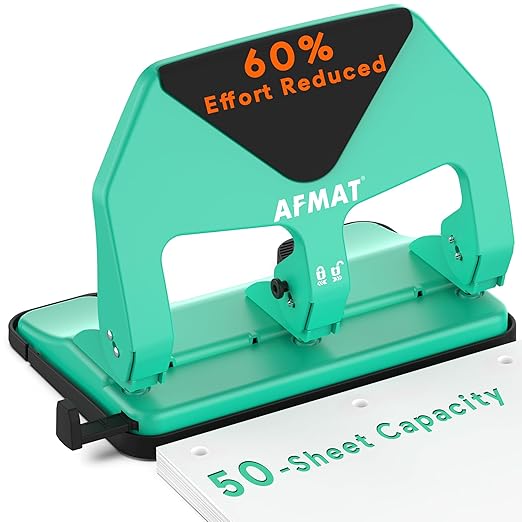 AFMAT HP20 Heavy Duty 3 Hole Punch, 50-Sheet Capacity, 60% Reduced Effort Three Hole Puncher for Binder, 10K+ Uses, Large Chip Tray, Adjustable Paper Guide, Office Metal Paper Puncher 3 Ring, Green
