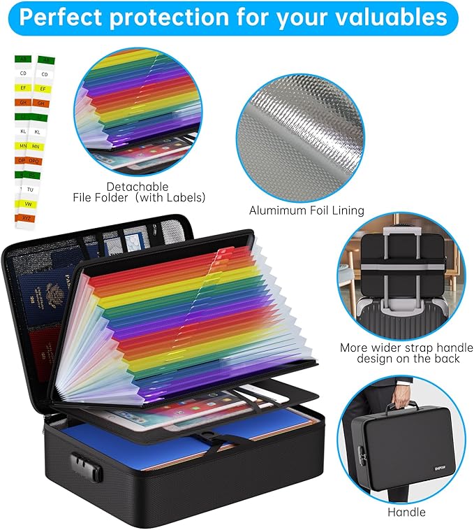 ENGPOW Fireproof Document Box with Lock, 5200℉ Soft Case Fireproof Box with 25 Colorful Pocket Accordion File Folder, Fireproof Water Resistant Safe File Organizer Storage for Important Documents