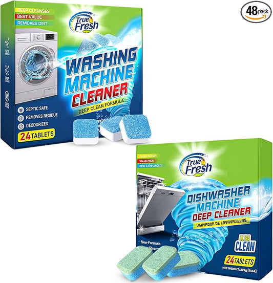 Washing Machine Cleaner & Dishwasher Cleaner Tablets - 48-Pack Bundle Compatible with Front Loader - Top Loader & He Machines and all Dishwashers Removes Buildup Lime Scales and residues - Septic Safe