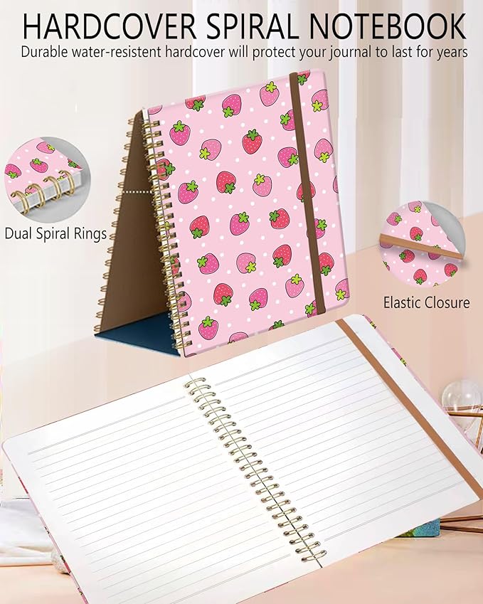 Spiral Journal Notebook, A5 Cute Notebooks for Women Men, College Ruled Hardcover Notebook for Work & Note Taking, 60 Pages Double-Wire Journals for Writing, Cute Strawberry