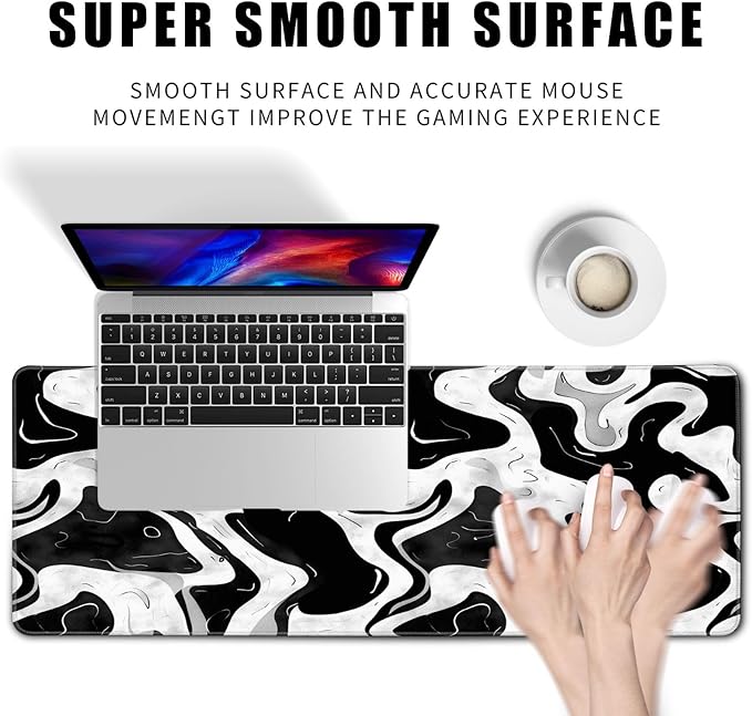 Black and White Desk Mat Mouse Pad XL Big Mousepad Gaming Large Mouse Pad Desk Pad with Stitched Edges Non-Slip Large Computer Mat, 31.5x11.8 in-Flowing Liquid Metal