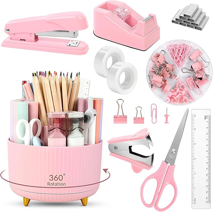 SKYDUE Pink Desk Accessories 10Pcs, Rotating Pen Holder for Desk, Stapler, Staple Remover, Tape Dispenser,2pcs Tape Refills, Binder Paper Clips Kit, Scissor,Pink Office School Supplies