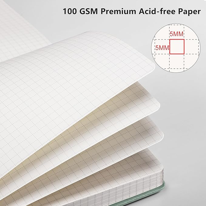 RETTACY Graph Grid Paper Notebook, 192 Pages, A5 Medium Size (5.7'' x 8.3''), 5 Squares per Inch, Leather Hardcover, 100 GSM Thick Paper, for School, Students, Math, Engineering (Sage Green)