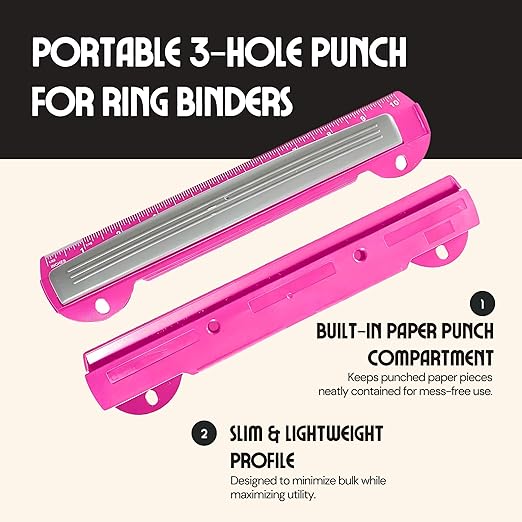 Performore 3 Hole Portable Paper Punch (Pink) with Built-in 10" Ruler, 5 Sheets Capacity, Letter-Size for 3-Ring Binders