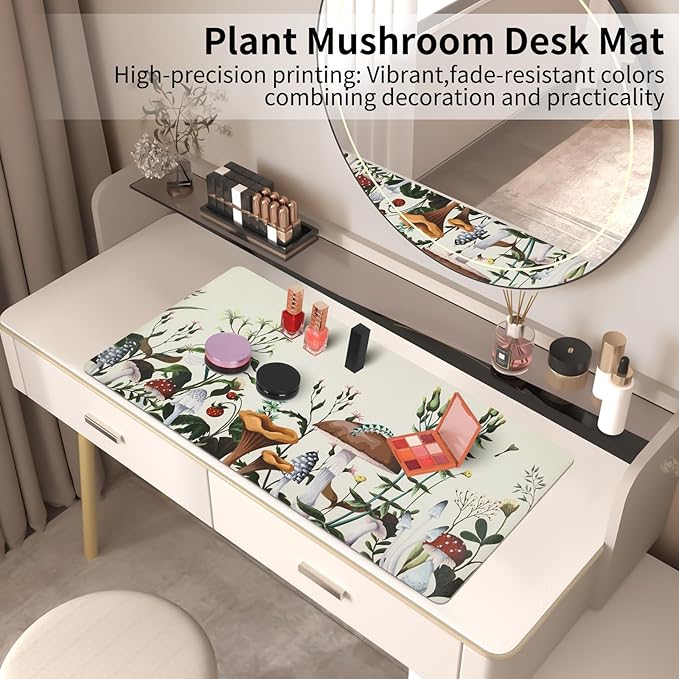 Bloss Plant Mushroom Desks Pad,Large Mouse Pad for Desktop, Leather Floral Desk Mat for Keyboard and Mouse,Waterproof Computer Laptop Desk Protector Mat for Office/Home/Women Gift,White 31.5" x 15.7"