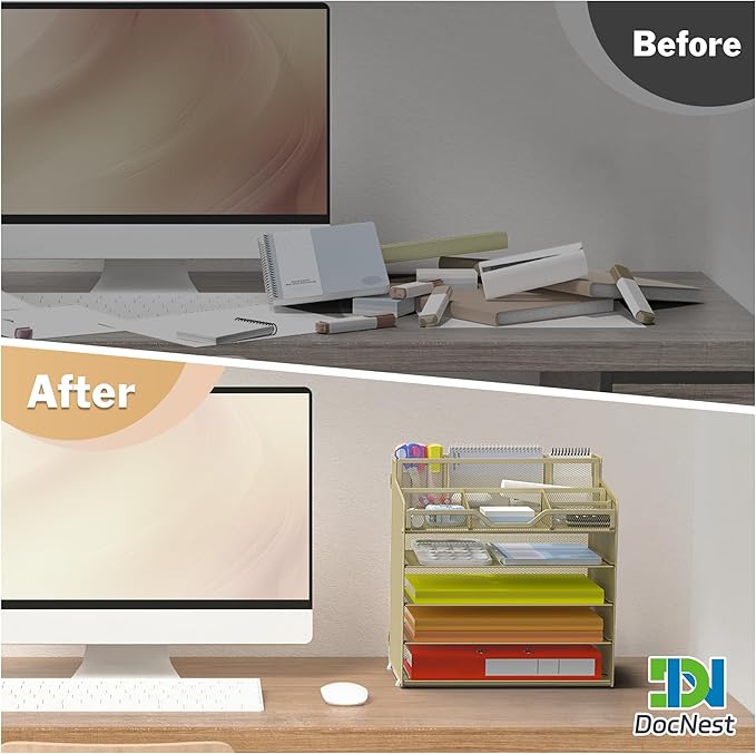 Docnest 5 Tier Mesh Desk Organizer for Paper Office Supplies – Multi-Functional Letter Tray with 5 Adjustable Compartments, 3 Pen Holders, Desktop Storage for Files, Mail, Stationery – Gold Yellow