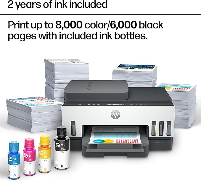 HP Smart Tank 7301 Wireless All-in-One Ink Tank Printer, Scanner, Copier with 2 years of ink included, Best-for-home office, Refillable, AI-enabled (28B70A)