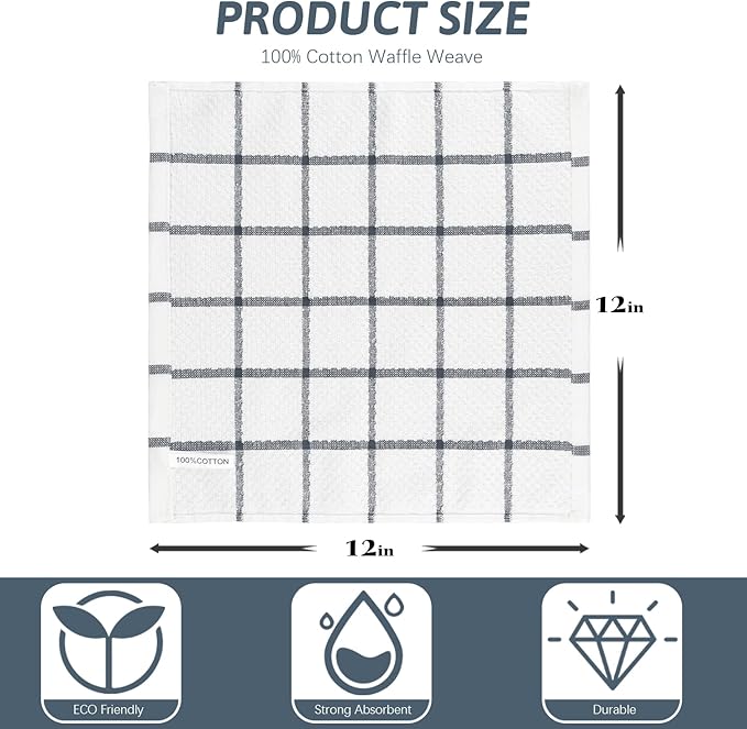 Nialnant 4PCS Cleaning Rags,100% Cotton Terry Dish Rags for Washing Dishes,Quick Drying Dish Cloths,Dish Towels for Kitchen,Grey Plaid-12x12in