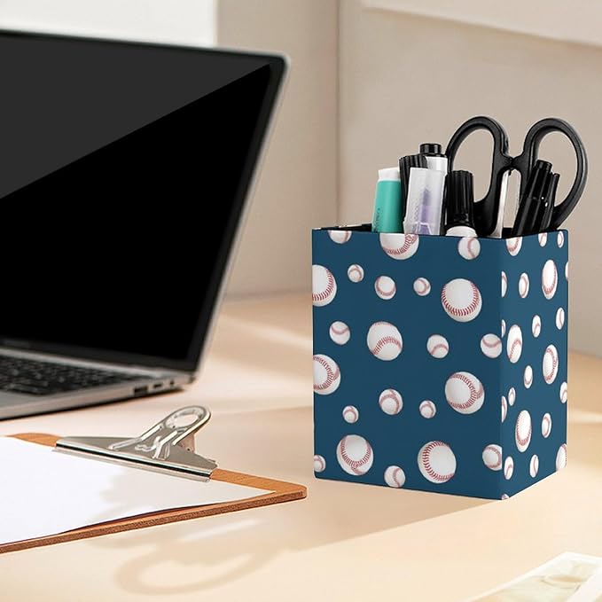 Square Pen Holder & Pencil Organizer for Desk - Office Storage Organizer, Markers/Makeup Brushes/Scissors Holder, Compact Desk Decor Accessories for Home Classroom School(Baseball)