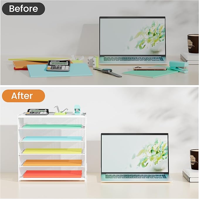 6 Tier Paper Organizer, Metal Mesh Desk File Folder, Letter Tray Organizer, Paper Sorter Desk Organizers for Office, Home or School File Folder Holder - White