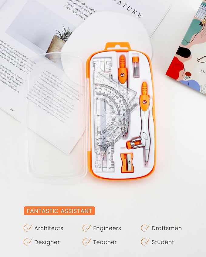 Math Geometry Kit Sets 10 Piece Student Supplies with Shatterproof Storage Box, Includes Rulers, Protractor, Compass, Eraser, Pencil Sharpener, Lead Refills, for Drafting Drawings（Orange）