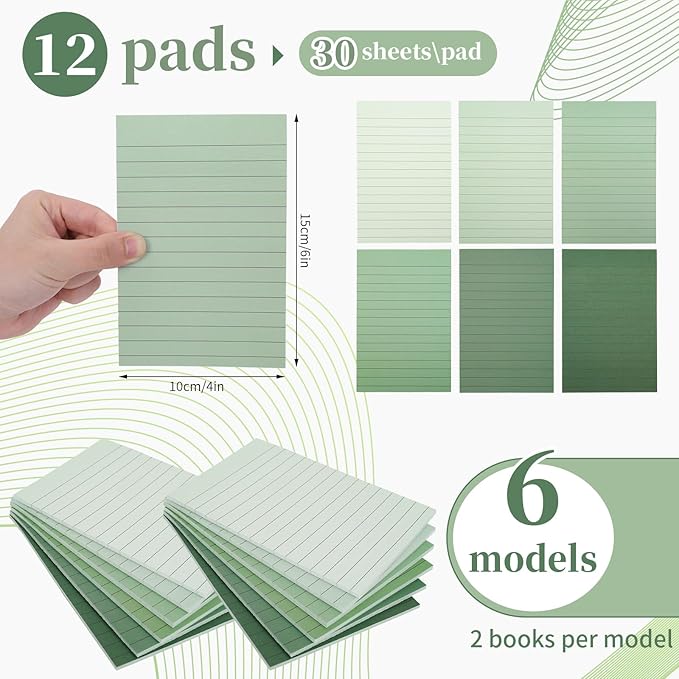 12Pcs Sage Green Lined Sticky Notes 4 x 6 in Assorted Green Self-Adhesive Notepads Removable Memo Pad for Office School Home Supplies, 6 Colors