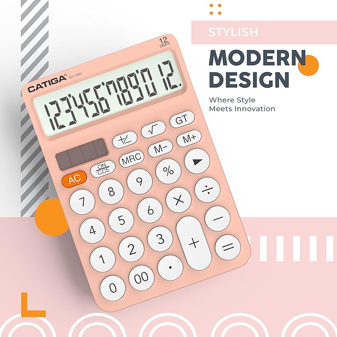 CATIGA 12 Digit Desktop Calculator Basic Desk Calculator with Large LCD Display, Big Buttons, 4 Function, Solar and Battery Dual Power, for Office, School, Home, SD-1292 Pink
